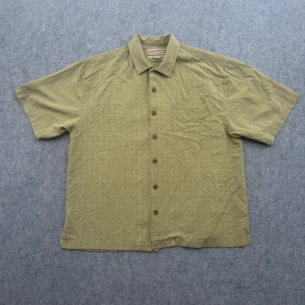 Jamaica Jaxx Mens Button-Up Shirt L Olive Green 100% Silk Short Sleeve Hawaiian